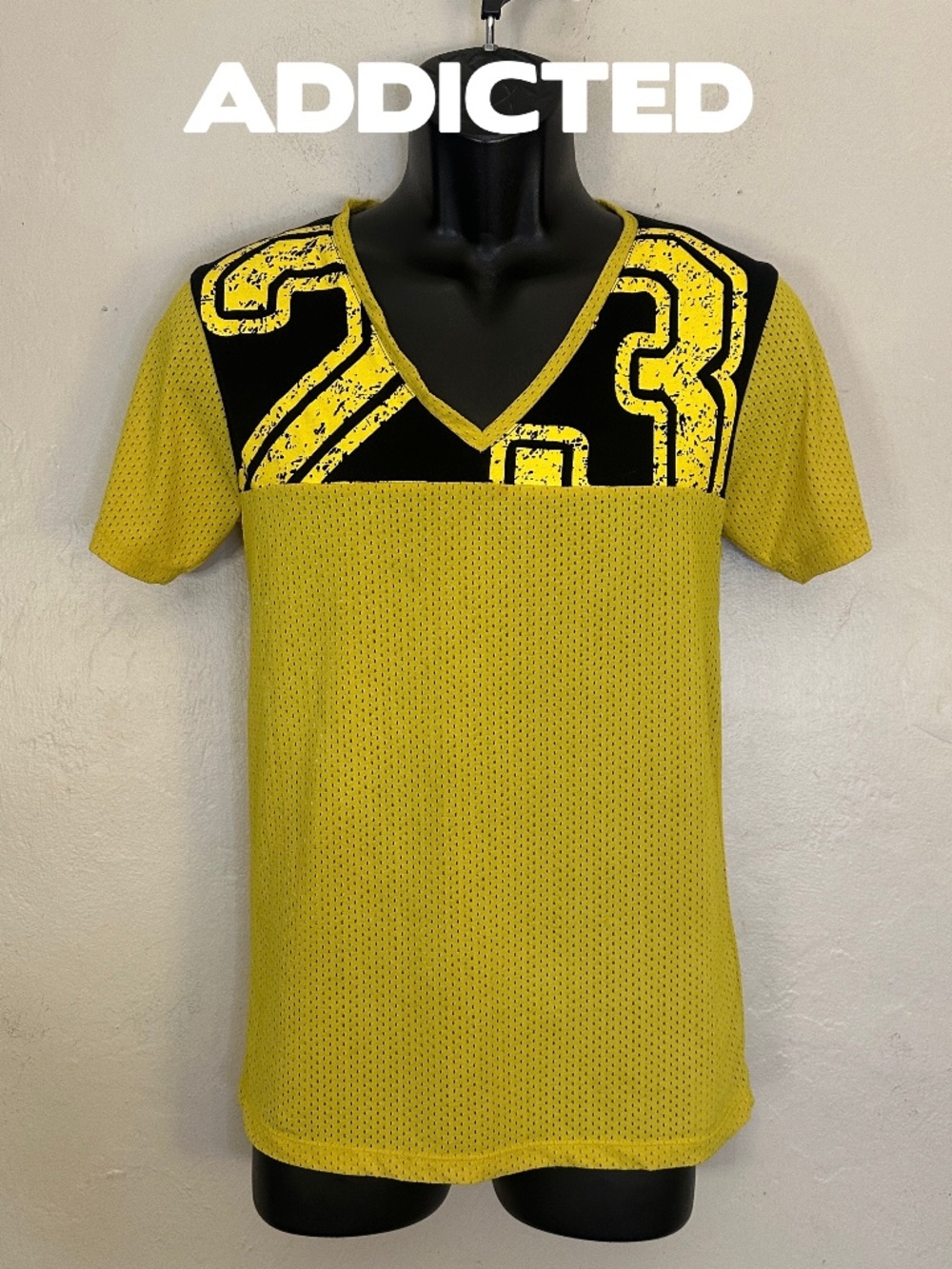 Addicted Mesh Deep V Neck T Shirt Small Gently worn Poly blend pinpoint mesh